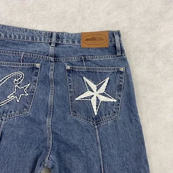 Corteiz Rules The World Alcatraz Jeans Mens L Blue Embroidered C Star Button Fly
